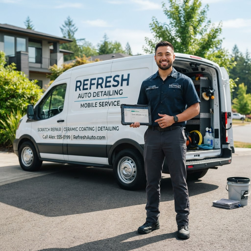 A young automotive reconditioning entrepreneur beside a mobile service van