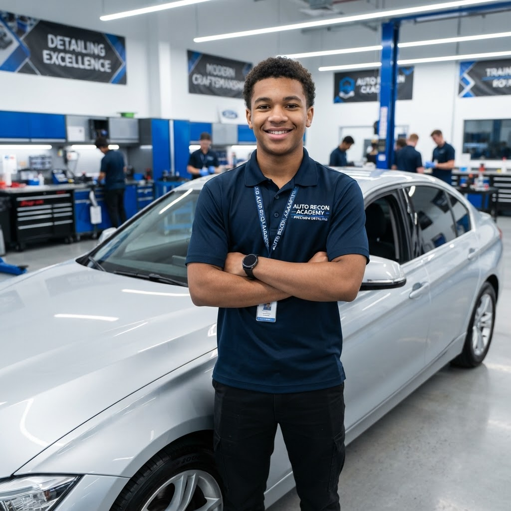 A confident young student in a clean automotive reconditioning training facility