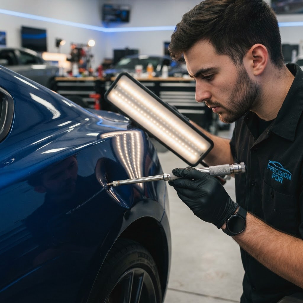 A student performing paintless dent repair on a car panel with a specialized tool