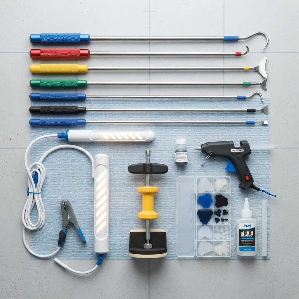 Professional paintless dent repair tools including rods, an LED dent light and glue pullers